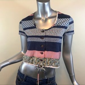 Vintage Xtrovert Cropped Top Women’s Floral Striped Shirt Adjustable Waist Xs-S.